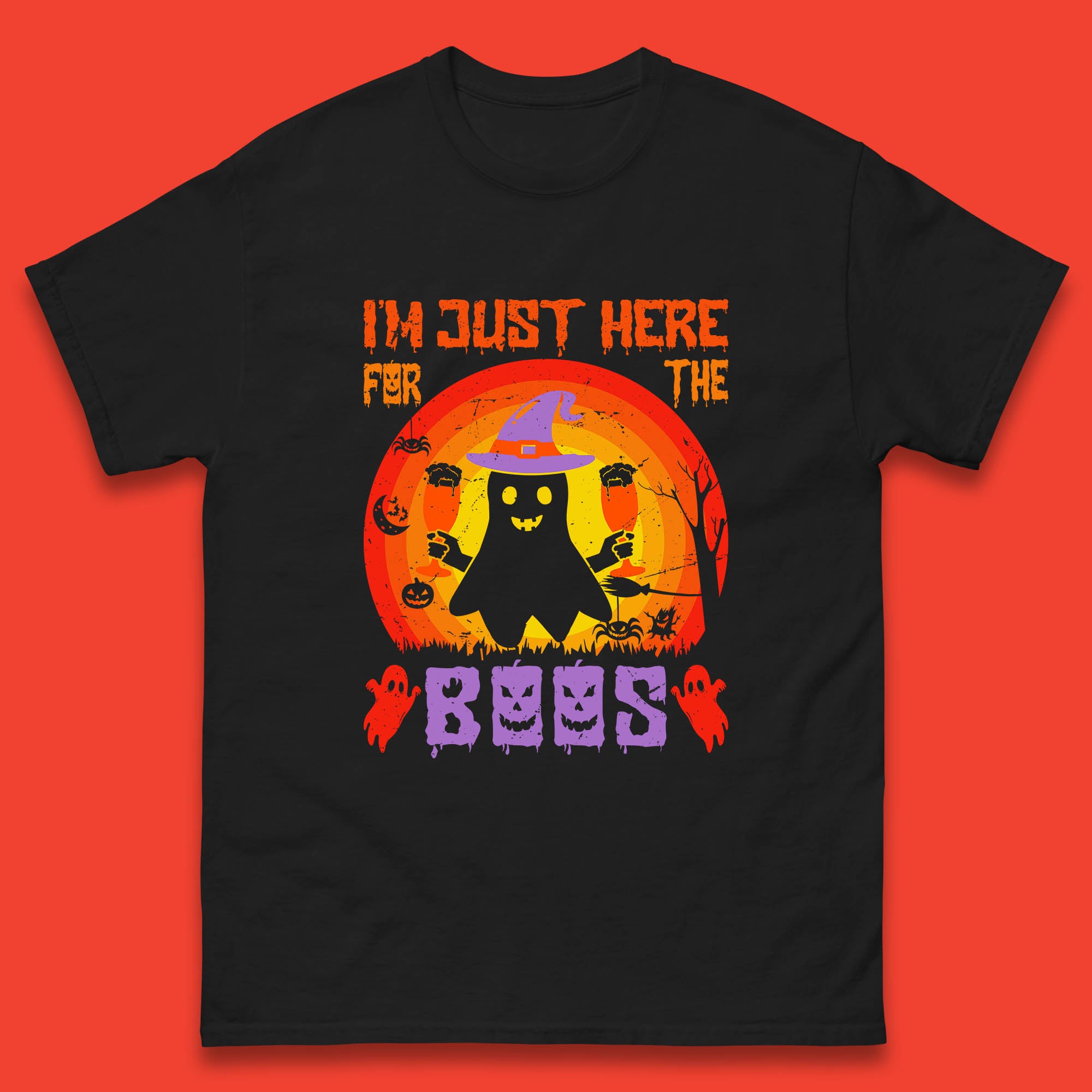 I m Just Here For The Boos Halloween Boo Ghost Witch Hat Horror Scary Mens Tee Top S