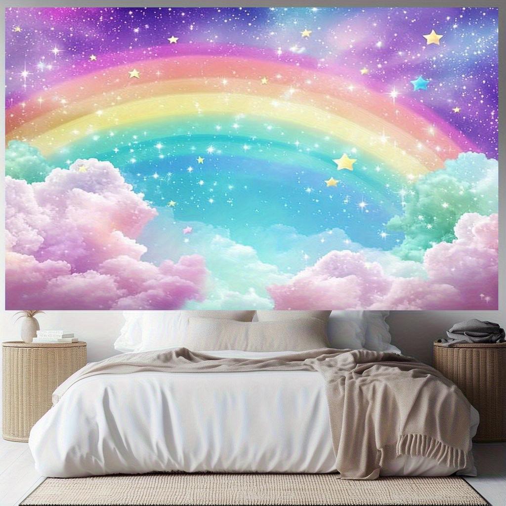Vivid Rainbow and Star Wall - Imaginary Clouds and Glittering Lights  Polyester  Indoor/outdoor Home Decor