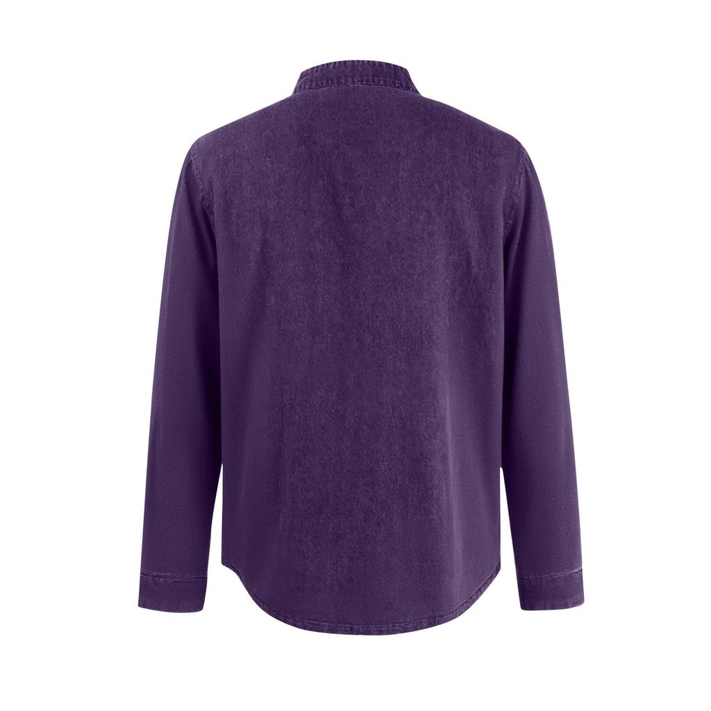 Men's Solid Color T-Shirt Washed Sports Button Pocket Lapel Collar Long Sleeve Tops