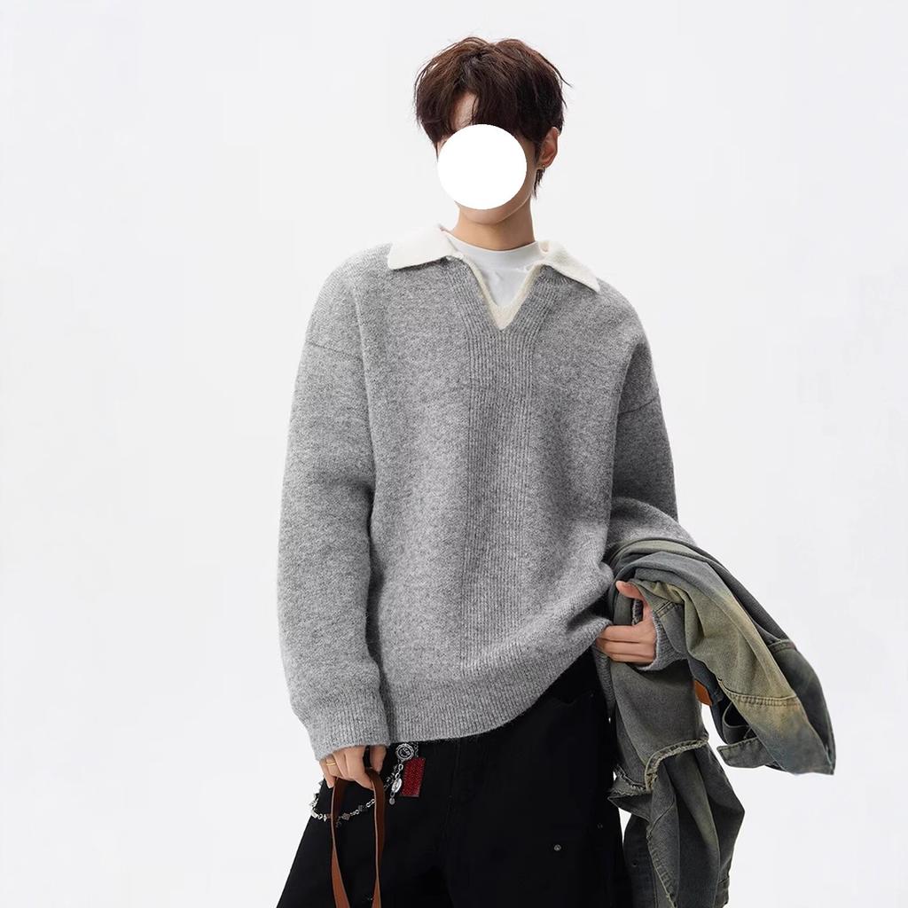 Light luxury ruffian handsome lazy style men's lapel fake two-piece heavy sweater casual fashion retro versatile knitted polo