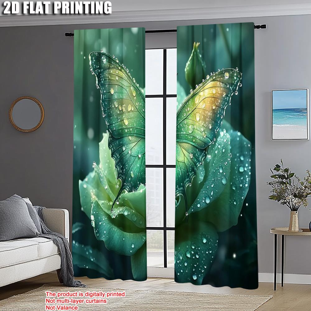 2pcs   Upscale Curtains 2D print Green Butterfly & Blooming Rose Versatile 100% Polyester (without rod) Stuff Clearance Perfect