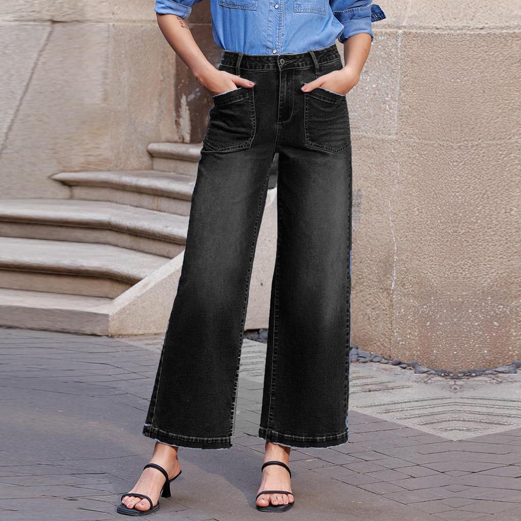 Women's Wide Leg Jeans Casual High Waisted Straight  Denim Pants With Pockets
