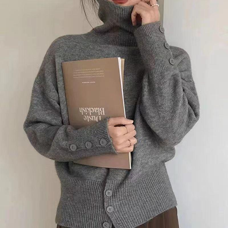 Solid color women high neck autumn winter retro Korean lazy pullover ins knit sweater