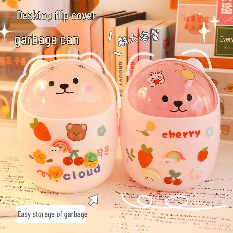 Mini Flip-Top Desktop Trash Can & Pen Holder with Lid - Cute DIY Storage for Bedroom or Office