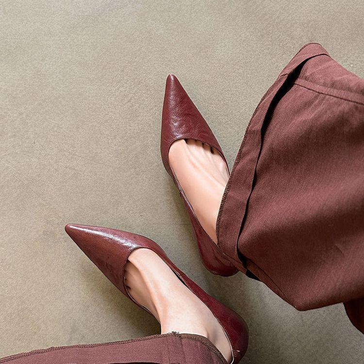 2025 new sheepskin pointed French simple shallow mouth single shoes 4.5CM medium heel daily commuter women's shoes 33-40
