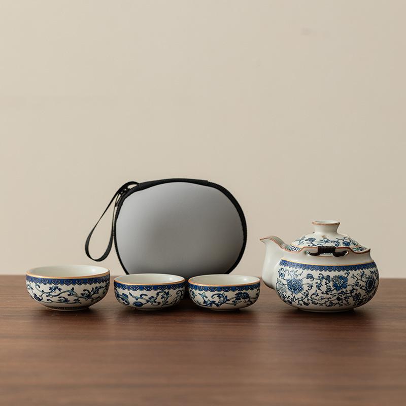 

Ru Kiln Blue And White Rice Yellow Travel Tea Set Kit Japanese 1 Pot 3 Cups Tea Maker Organizer Portable Picnic Stock Bags Gift