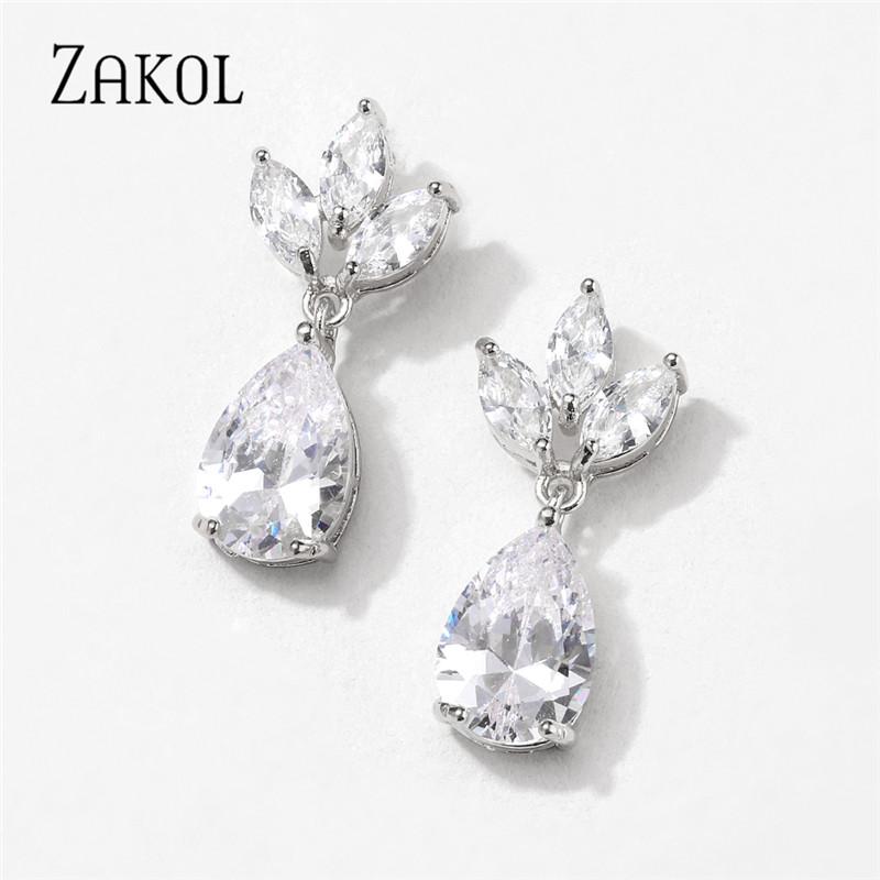 ZAKOL Sliver Color Crystal Water Drop Earrings for Women Cubic Zirocn Leaf Bridal Earring Wedding Jewelry Wholesale EP2398