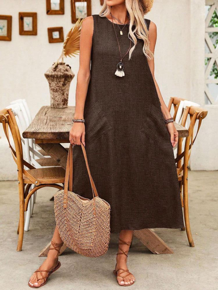 

Элегантное однотонное бежевое цельное платье без рукавов средней длины для женщин с круглыми карманами на завязках, подходит для лета S коричневый