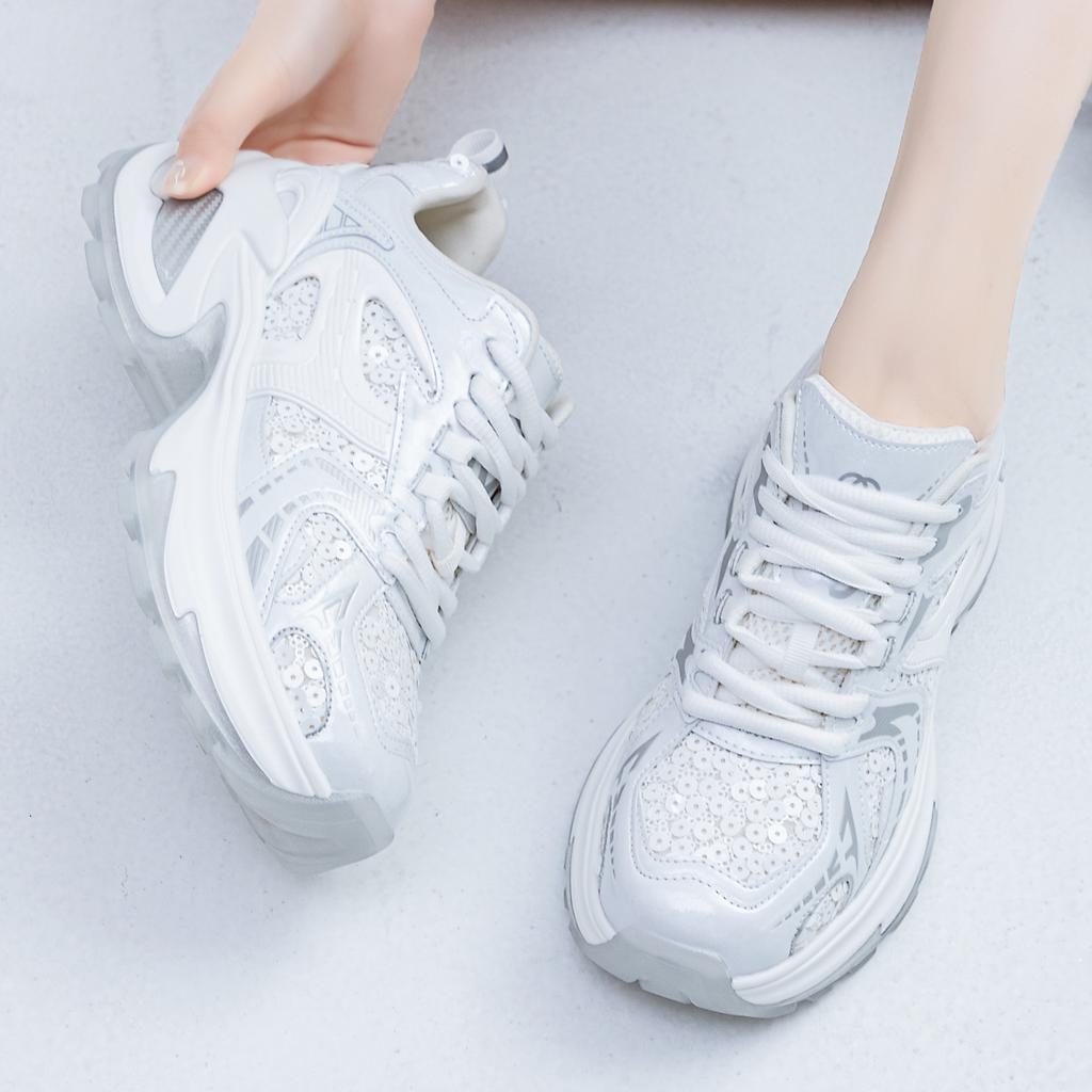 Starry Night Flight 2025 Spring New Casual Shoes Women's Thick-soled Heightening Breathable Mesh Sequins Silver Daddy Shoes Women