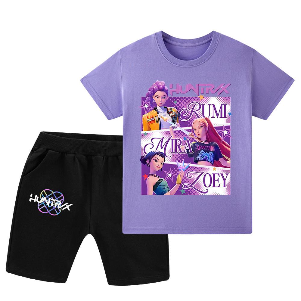 

WA1199 Kids Boys Girls Kpop Rumi Zoey Mira Print Short Sleeves T-shirt Shorts Pants Sets 160cm фіолетовий
