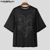 INCERUN Men O Neck Short Sleeve Funny Lace Patchwork Mesh Sheer Loose T-shirts Tee