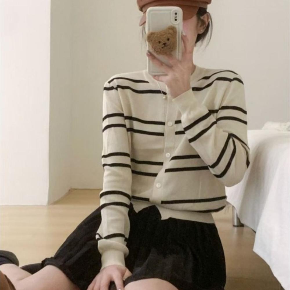 Striped Sweater Cardigan, Women's Autumn New Style, Fashionable, Elegant, Slimming, Versatile Round-neck Knitted Sweater