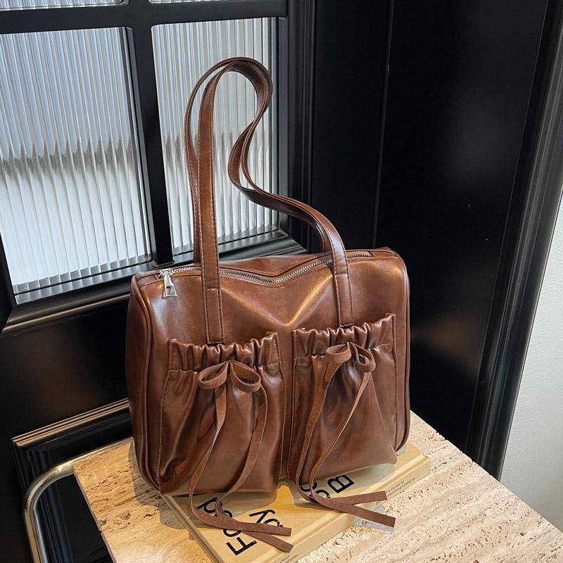 Commuter Vintage Underarm Bag Women's Bow Double Pocket Tote Bag Large Capacity Shoulder Bag