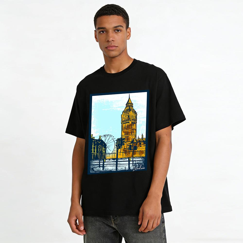 Vintage London Landmark Big Ben London Eye Graphic Tee Pure cotton T-shirt