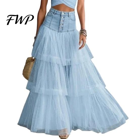 Long Skirt Women Skirt, High Waist Mesh Splicing Soft Breathable Patchwork Hip Covering Maxi Versatile for Party Beach Wedding Night Out Comfortable
