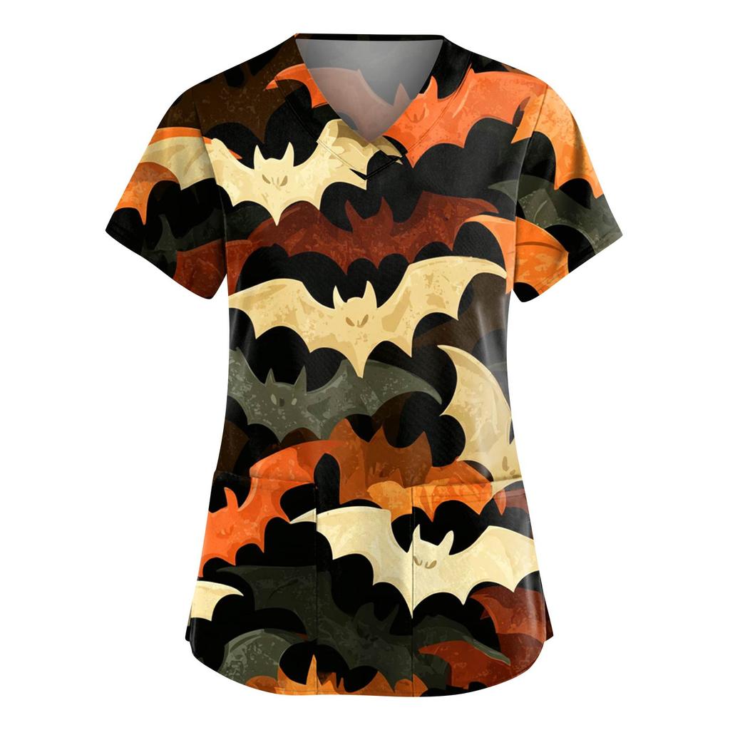 Women's Fashion V-Neck Short Sleeve Overalls With Pockets Halloween Printed Tops  Apparel