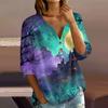 Women's Casual Halloween Print V-Neck Button Three-Quarter Sleeve T-Shirt
