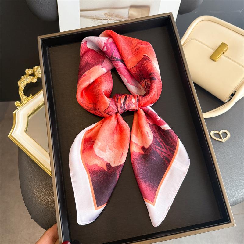 New Floral Print Shawl Square Scarf For Women Soft Satin Wraps Neckerchief Female Hair Bands Ribbon Headband Bandana