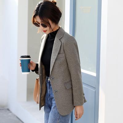 Autumn Women's Slim Long-sleeved Small Suit New Top Retro Woolen Plaid Blazer