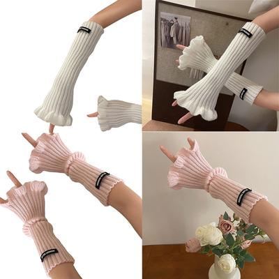 Winter Knit Trumpet Edge Trim Long Sleeve Arm Warmer Women Fingerless Gloves Thicken Outdoor Cycling Skiing Gloves