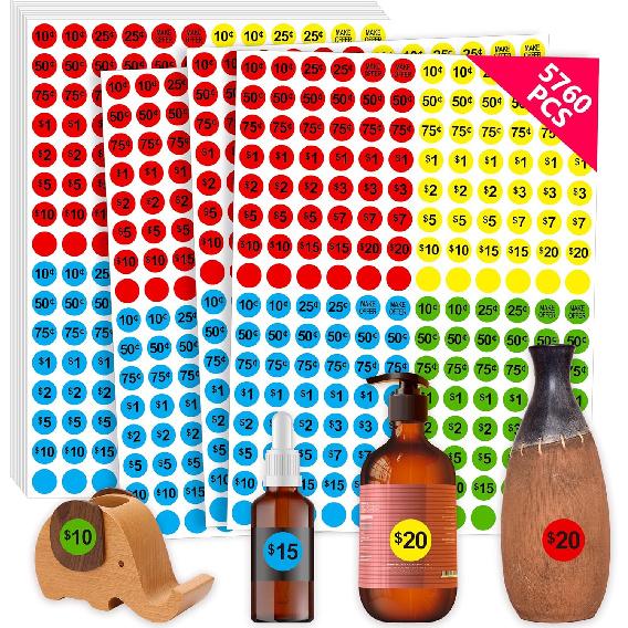 3840 PCs Garage Sale Flea Market Prepriced Pricing Stickers in Bright Colors (Yellow/Red/Green/Cyan), 3/4"in Diameter