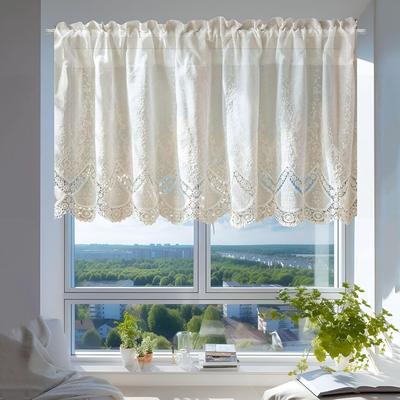 Boerderij Katoenen Gordijn, Elegante Bloemige Kant Raambekleding, Wit Bloemig Kort Gordijn voor Keuken Slaapkamer Boekenkast, 1 Paneel