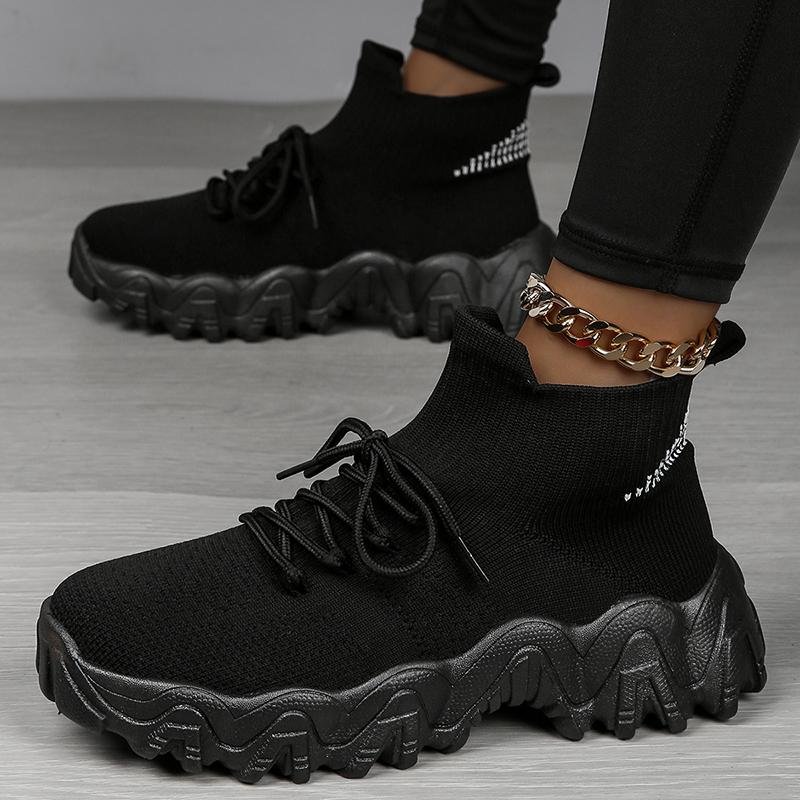 Calcetines altos para mujer, calzado deportivo, mangas de punto de color liso, calzado deportivo transpirable para caminar al aire libre