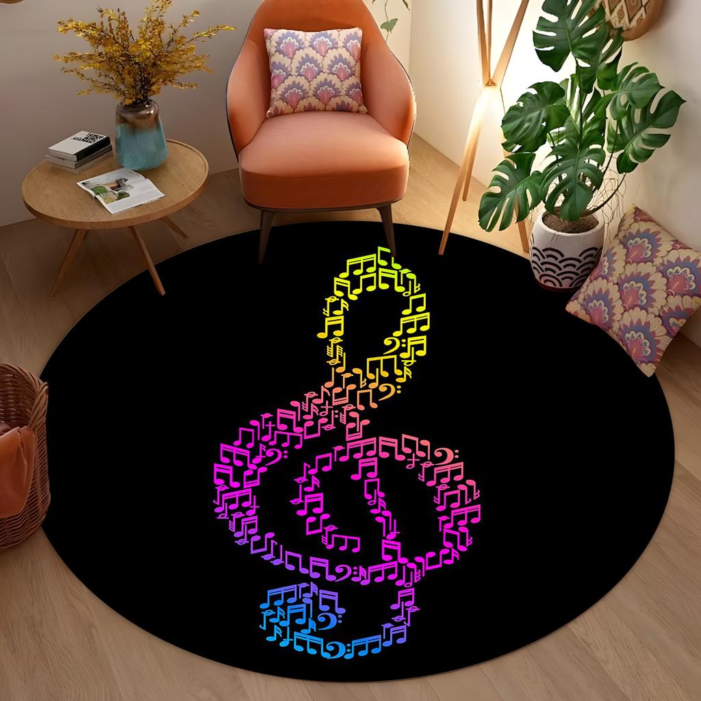 Regenbogen Violinschlüssel Runder Teppich - Bunte Musiknoten auf Schwarz, Moderner Bohemischer Wohnzimmerteppich, Rutschfeste Künstlerische Bodenmatte