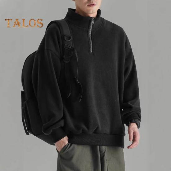 Men Fall Winter Sweatshirt Half Zipper Stand Collar Retro Solid Color Double-sided Velvet Loose Pullover Long Sleeve Top for School Dating And Travel