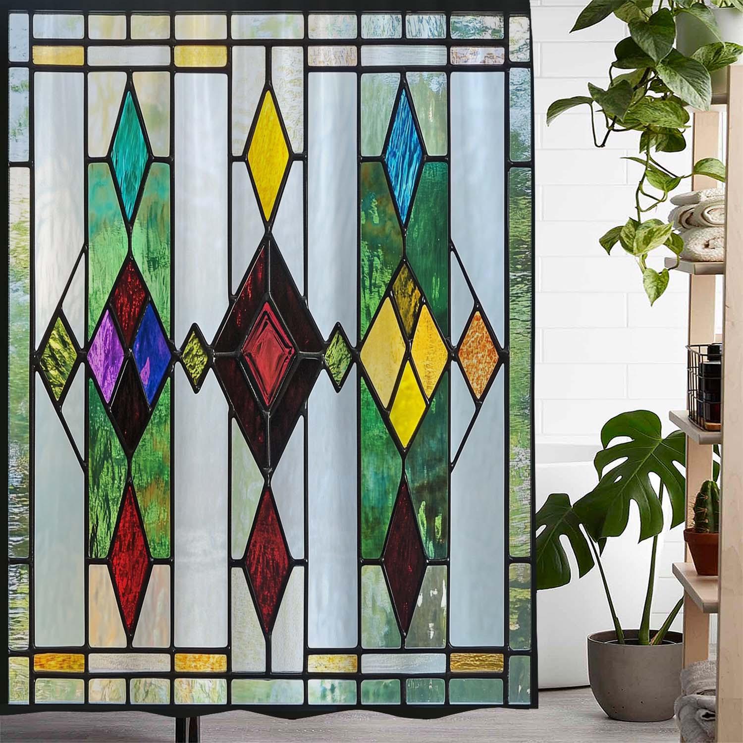 

Vibrant Stained Glass Shower Curtain For A Colorful And Artistic Bathroom, Featuring An Intricate Design Of Geometric Shapes W60H190(CM)-1 Pcs