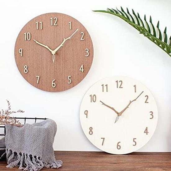 Wall clock wood stylish Nordic silent round frameless cute 12 inches (diameter 30cm) natural solid panel 3D three-dimensional numbers creative wooden