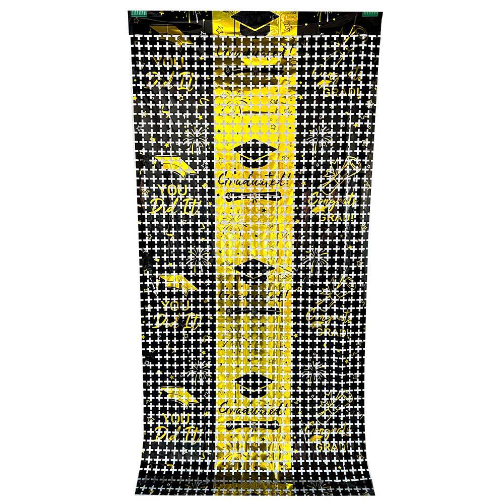 2026 Graduation Square Foil Fringe Curtain Metallic Tinsel Backdrop Door Curtain with Grad Cap Theme for Graduation Party