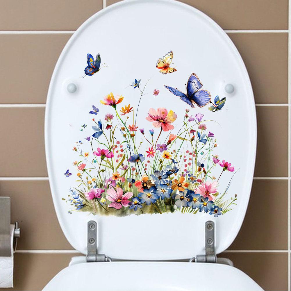 Flower Wall Stickers, Self-adhesive Butterfly Toilet Sticker Peel And Stick, Floral Leaf Decor Art DIY Wall Decals Wallpaper Supplies For Refrigerator