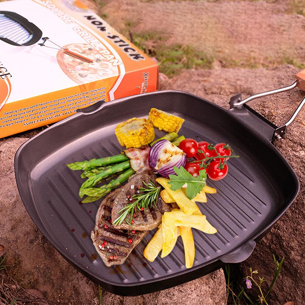 Non-sticky Steak Frying Pan with Wooden Folding Handle Portable Square Grill Pan Kitchen Accessory