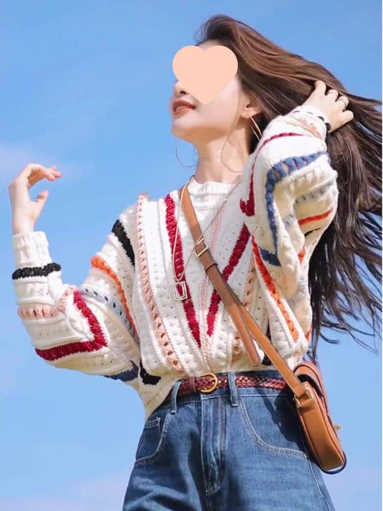 Dámský barevný pruhovaný háčkovaný svetr - Volný, trendy jarní/letní pletený top