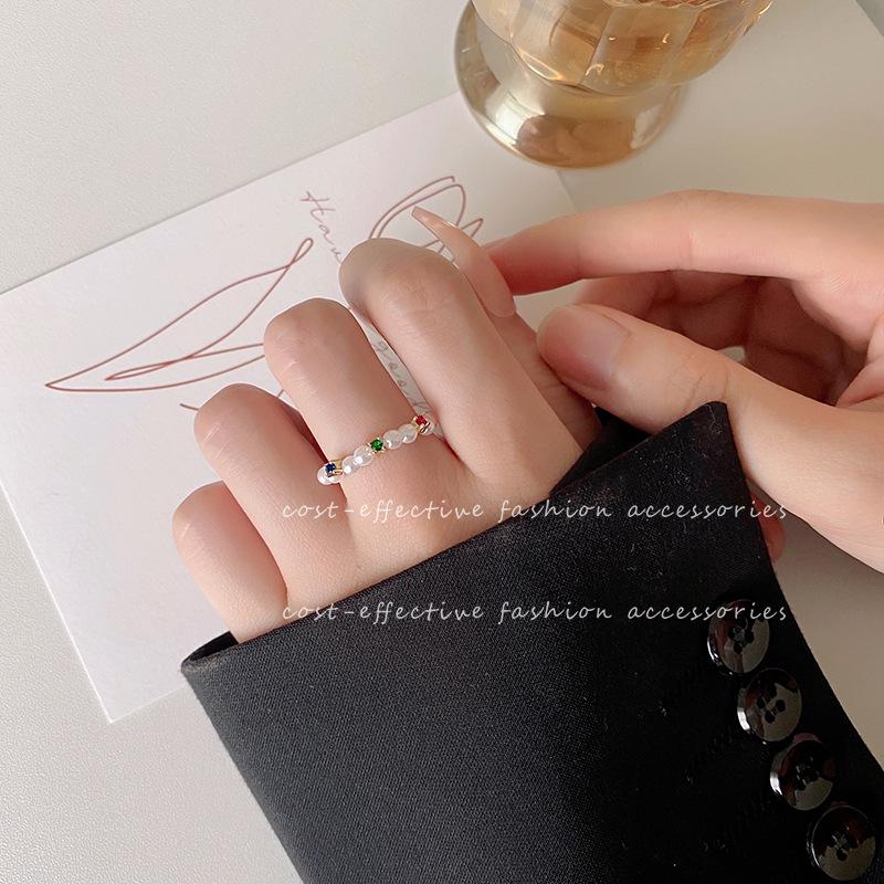 Elegant Women's Zircon Pearl Ring - Fashionable French Design, Perfect for Stacking