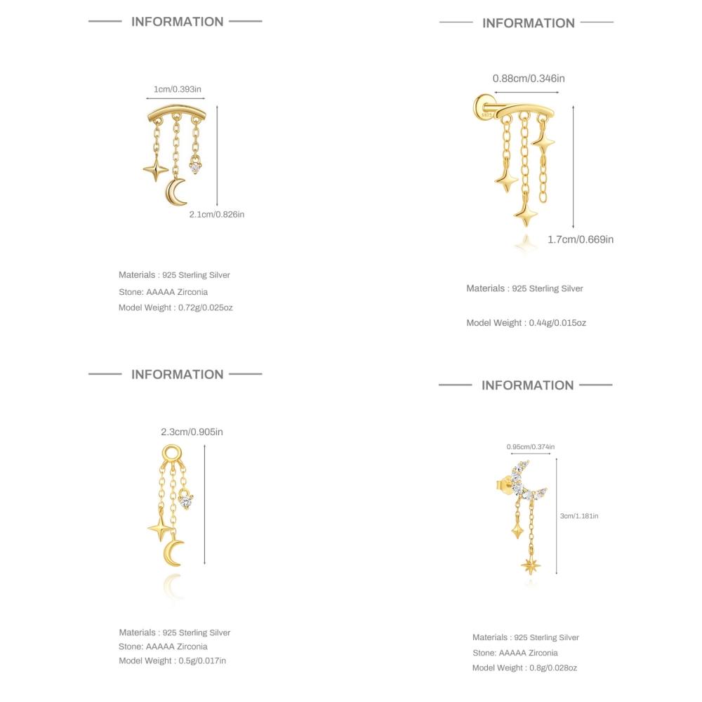 BOAKO 925 Silver Star Moon Chain Tassel Earrings for Women Fashion Luxury Fine Jewelry Dainty Piercing