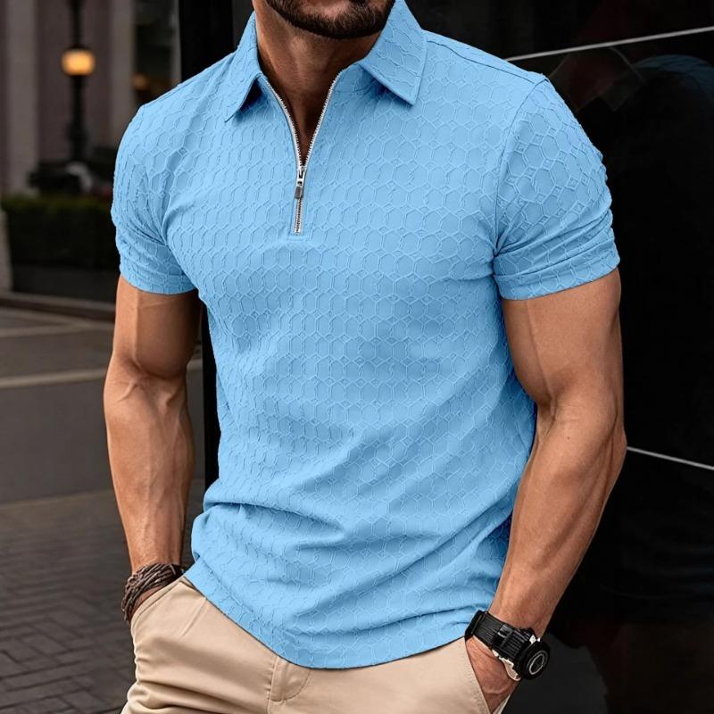 Mens Casual Zip Up Polo Shirt Short Sleeve Textured Top
