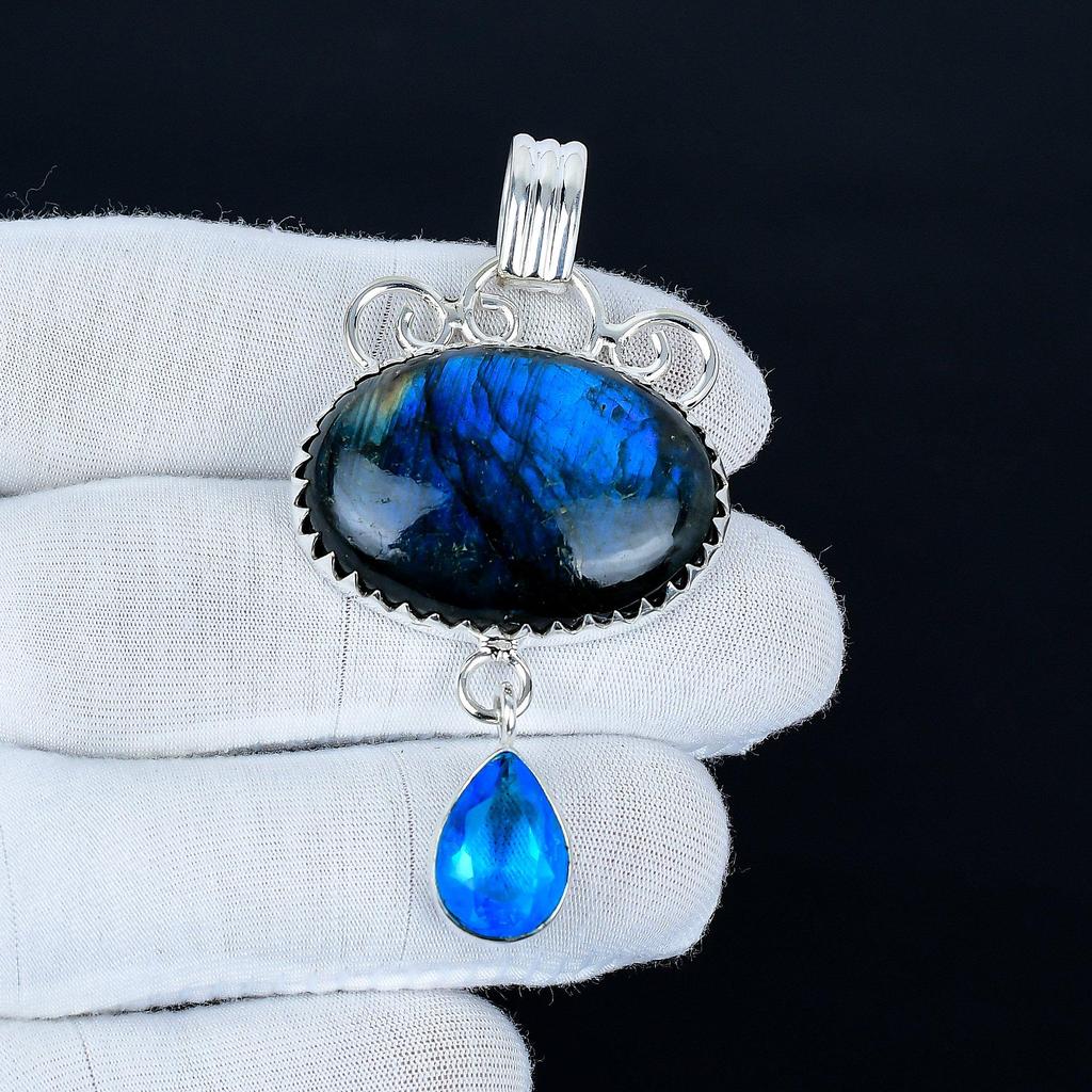 Labradorite Pendant, 925 Sterling Silver Handmade Jewelry, Blue Topaz Silver Pendant, Party Wear Jewelry For Women's, Pendant Christmas Jewelry