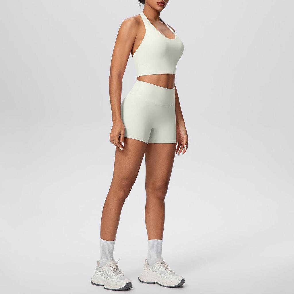 European & American Halter Sports Bra and High Waist Yoga Shorts Set for Women