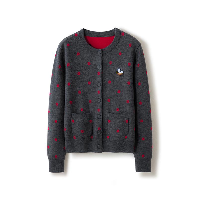 Xiao He Women's Fine-Spun Wool Cardigan with Small Floral Pattern for Spring/Autumn 2026