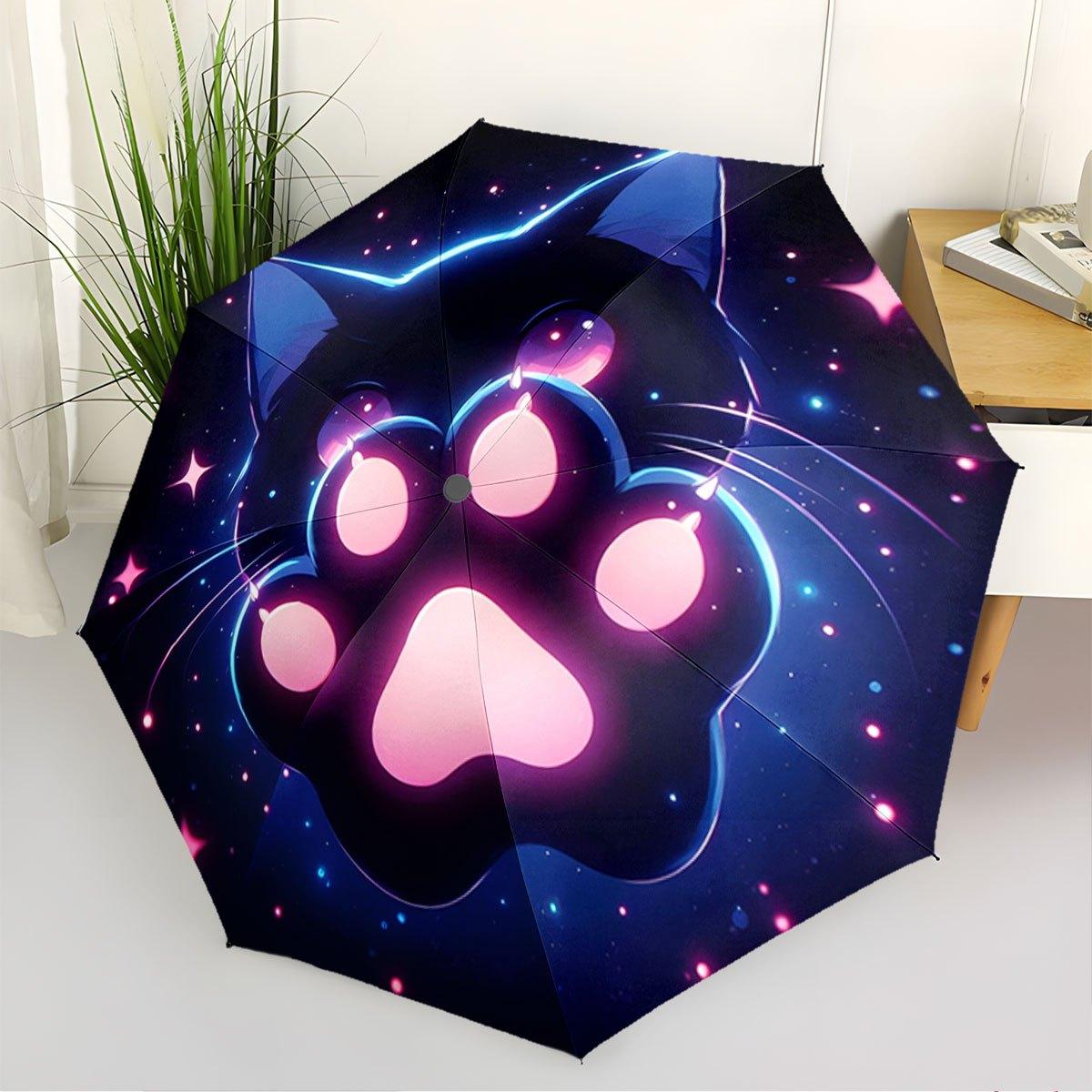 Folding umbrella Cat paw print design, cosmic theme background. Creative portable folding umbrella, suitable holiday gifts