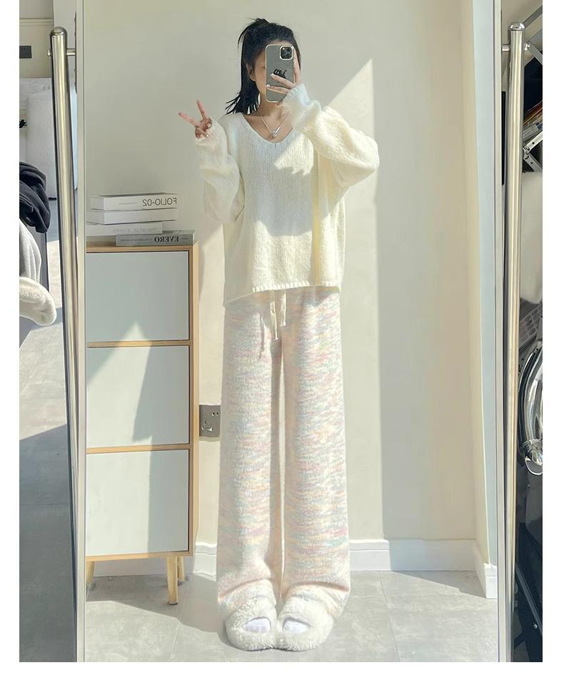 145 Plus Velvet Rainbow Glutinous Rice Sweatpants - XS Women’s High Waist Wide-Leg Pants for Autumn/Winter