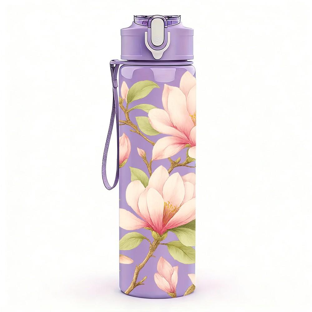1PC Light Pink Magnolia Floral Print 750ml Color Plastic Sports Water Bottle Leakproof Flip Straw Lid Suitable for Sports Office Home Use