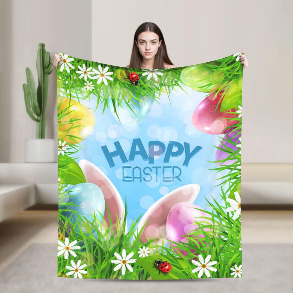 Cute Rabbit Painting Easter Eggs Blankets Quality Soft Cozy  Bedding Throws Spring Picnic Living Room Novelty Bedspread