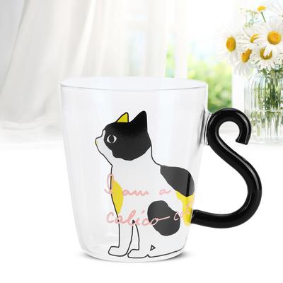 Kedi Kupası Kahve Süt Çay Su Bardağı Çocuk Şişesi Şeffaf Isıya Dayanıklı Tekrar Kullanılabilir Kupa(Beyaz kedi )