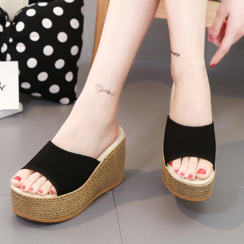 Aphixta Platform Wedges Shoes Women Slippers Women Luxury Open Peep Toes Summer Shoes Black Slippers Women Slides Wedge Sandals