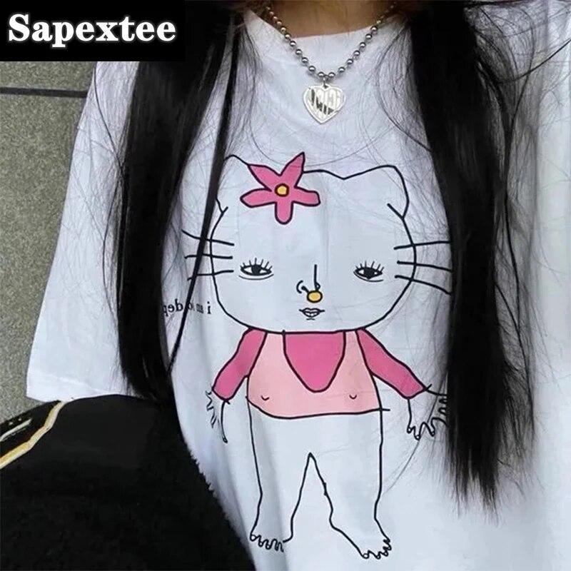 Tricou cu imprimeu pisicuță amuzant în stil japonez Harajuku pentru fete, alb, mai mare, din bumbac, cu gât rotund, cu mânecă scurtă, tricou grunge pentru femei