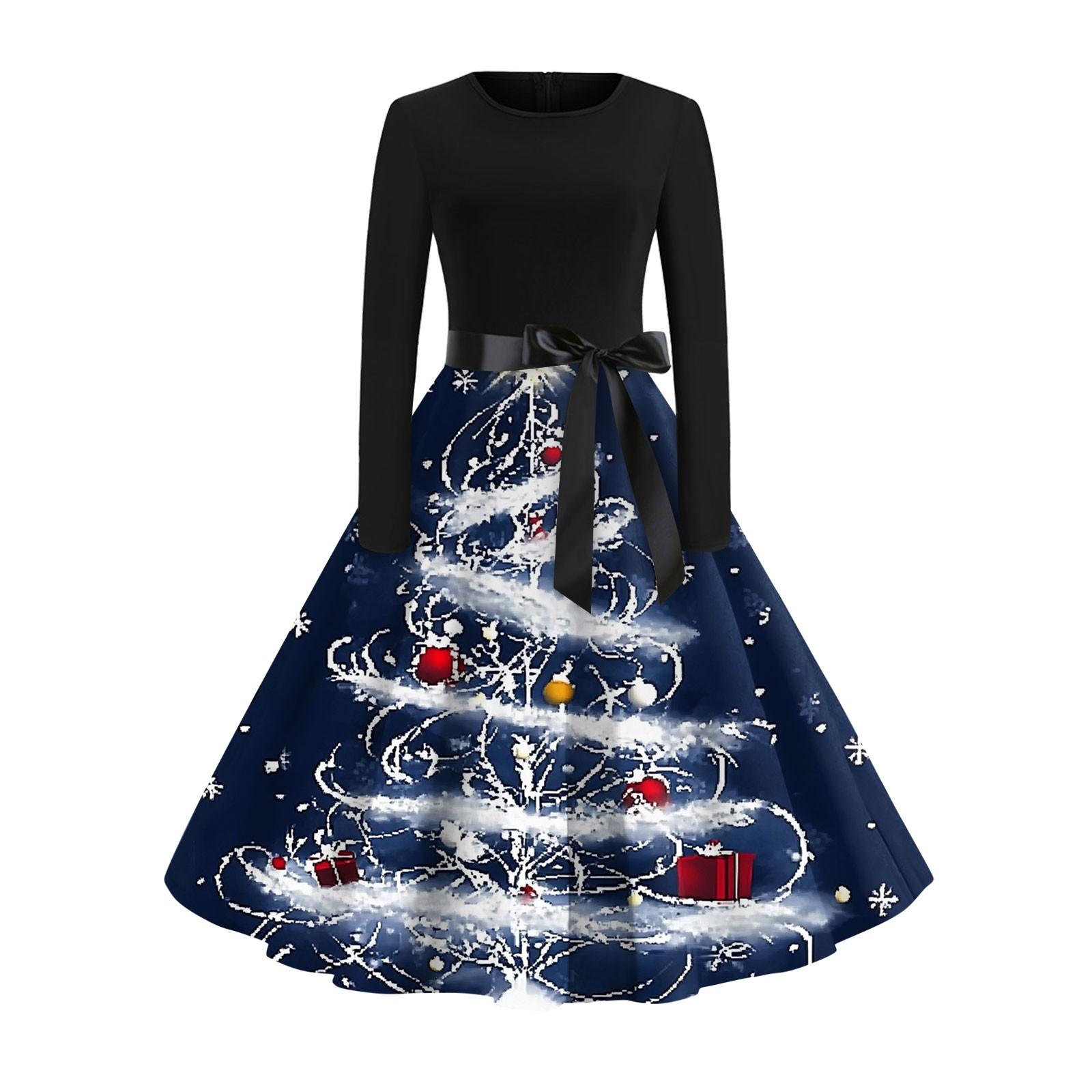 

Рождественский принт расклешенное платье для женщин платье с длинным рукавом полые вечерние повседневные платья S