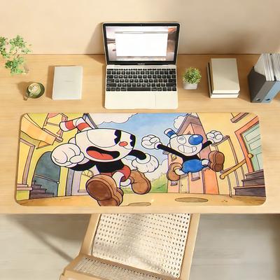 Großes Gaming-Mauspad Antirutsch Genähte Kanten Vintage Cuphead Cartoon Schreibtischmatte für Arbeit, Gaming und tägliche Schreibtischnutzung